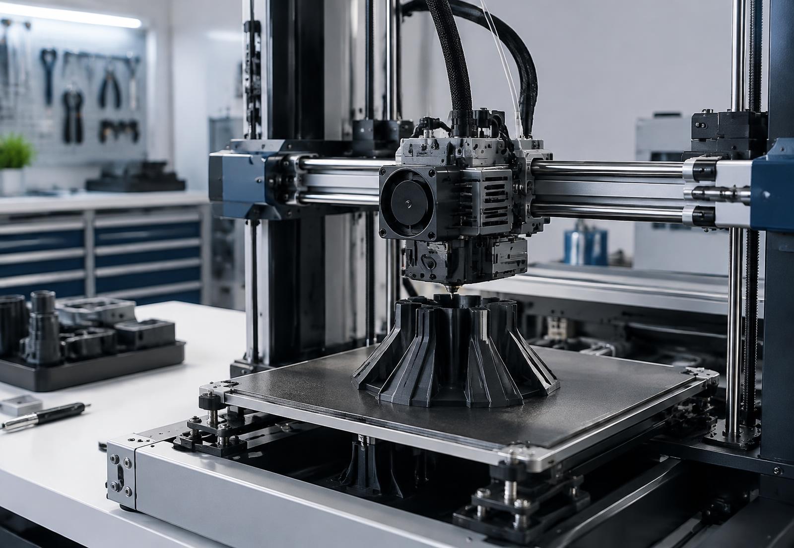 Impressora 3D em funcionamento a produzir uma peça técnica