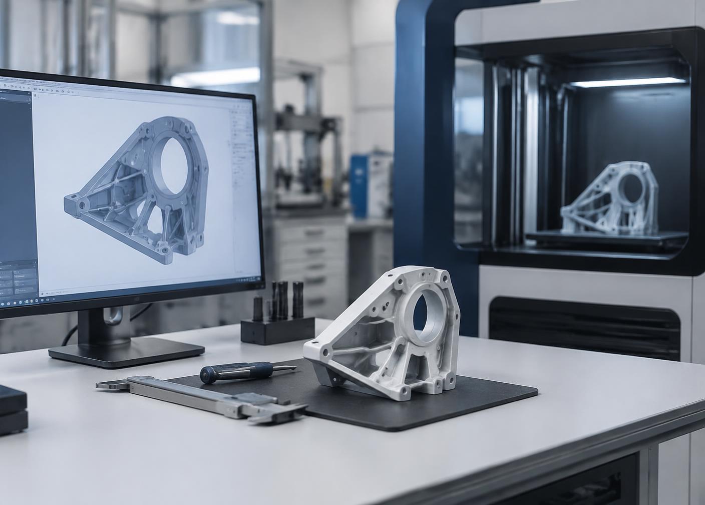 Modelo CAD, impressora 3D e peça final numa bancada técnica